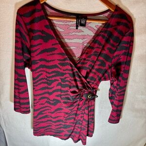 New Directions Maroon & Black Tiger Print Faux-Wrap Top - Size XL